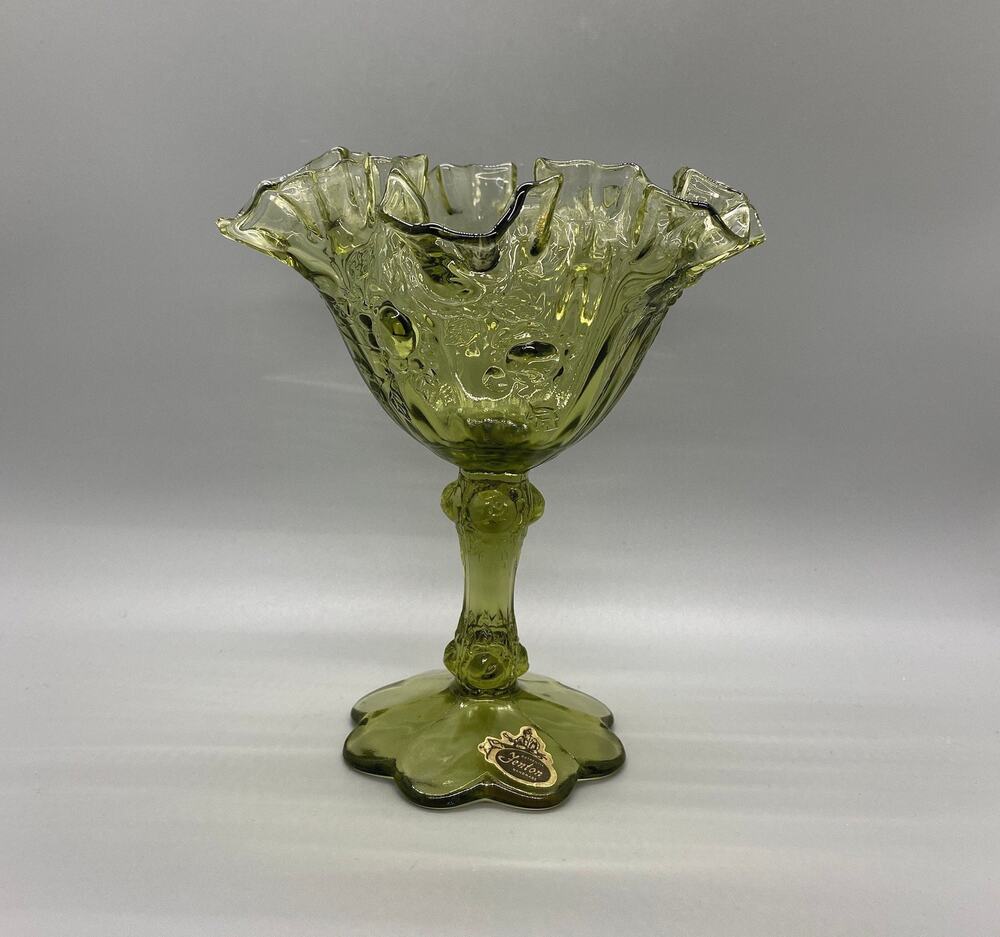 Vintage Fenton Rose Colonial Green Glass Footed Compote